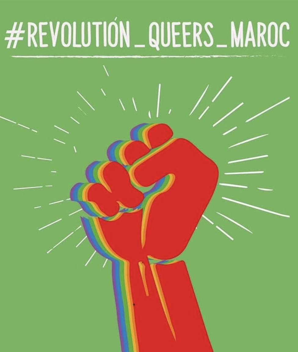 Image shows a raised rainbow fist with the hashtag 'Revolution, Queers, Maroc'