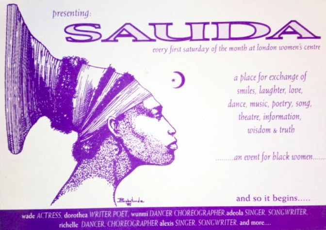 An image of a flyer for Sauda, a gathering of Black women taking places at London women's centre. This is the sort of place where queer Black women would have gathered.