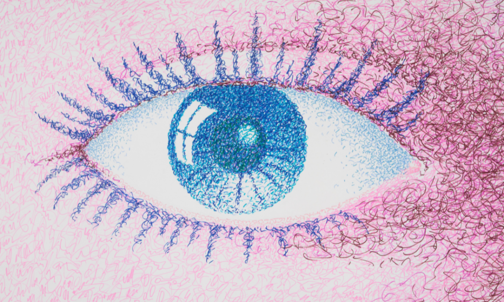 A drawing showing a blue eye with a reflection of a window in the eye itself.
