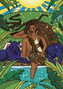 Jada Bruney's design for the Camden Town Brewery's 2021 FRESH PRINTS competition, featuring a black woman plaiting her long hair. She's sitting in a yellow two-piece outfit on the side of a fresh deep pool, flanked by two purple panthers. She's surrounded by bright and rich green foliage, while a sun rises behind her.