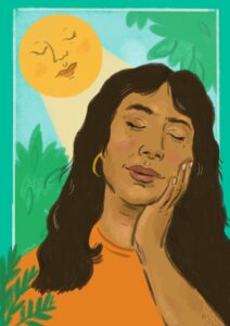 Javie Huxley's artwork for the Camden Town Brewery's FRESH PRINTS competition. The image shows a young woman with brown skin peacefully sunbathing, her face resting on her left hand and her eyes softly closed. The sun is smiling down on her and she is surrounded by fresh green plants.