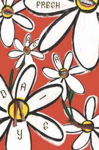 Naomi Gennery's illustration for Camden Town Brewery's FRESH PRINTS competition. The artwork is a graphic print with a red background and lots of big white daisys with text that reads "FRESH AS A DAISY". The daisies have eyes with thick mascara, and seem to be grinning!