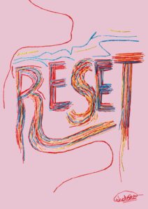 Nicole Chui's entry for the Camden Town Brewery's FRESH PRINTS competition, showing Nicole's signature embroidery style, with layered threads embroidering the word RESET onto a pink background. The embroidery looks like connecting energetic lines and shapes, almost like veins.