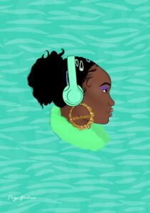 Parys Gardner's entry for the Camden Town Brewery's FRESH PRINTS 2021. The image shows a black woman looking fresh in mint green headphones, hair slicked back with clips, and bright purple eyeshadow. She's standing portrait and you can see her bamboo hoop gold earrings have the word "FRESH" written in them.