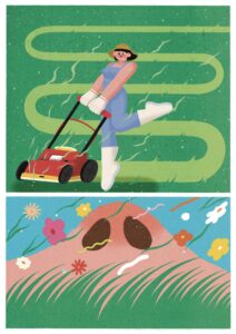 Viviene Shao's entry for Camden Town Brewery's FRESH PRINTS competition. Viviene's artwork shows a woman mowing a lawn joyfully, one leg in the air as if she's skipping through the grass. The bottom third of the illustration shows a bright red nose viewed from underneath, surrounded by cut grass and flowers. The nose looks like it's about to sneeze.