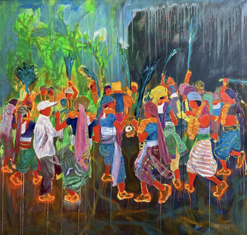 A colourful painting with lots of figures dancing in the foreground with their arms raised, against a backdrop of green and blue tones