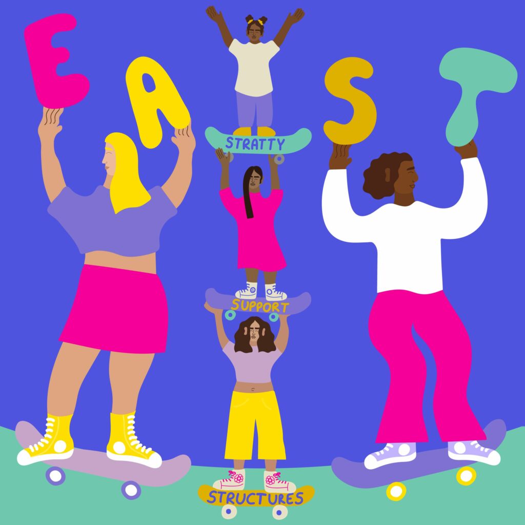 an illustration of 5 people holding up the words "East Stratty Support Structures"