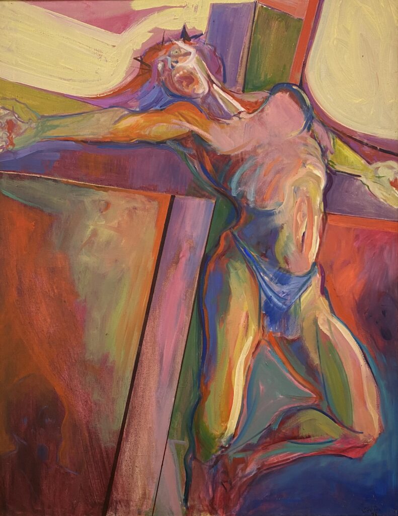 an oil painting of male figure on a cross (reminiscent of Jesus' crucifixion). The painting is very colourful, with the main colours being red, blue, yellow and green.  