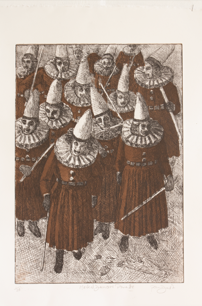 An etched drawing of Bajan Stick fighters. Atleast 13 fighters wear masks and pointed hats, holding sitcks. 