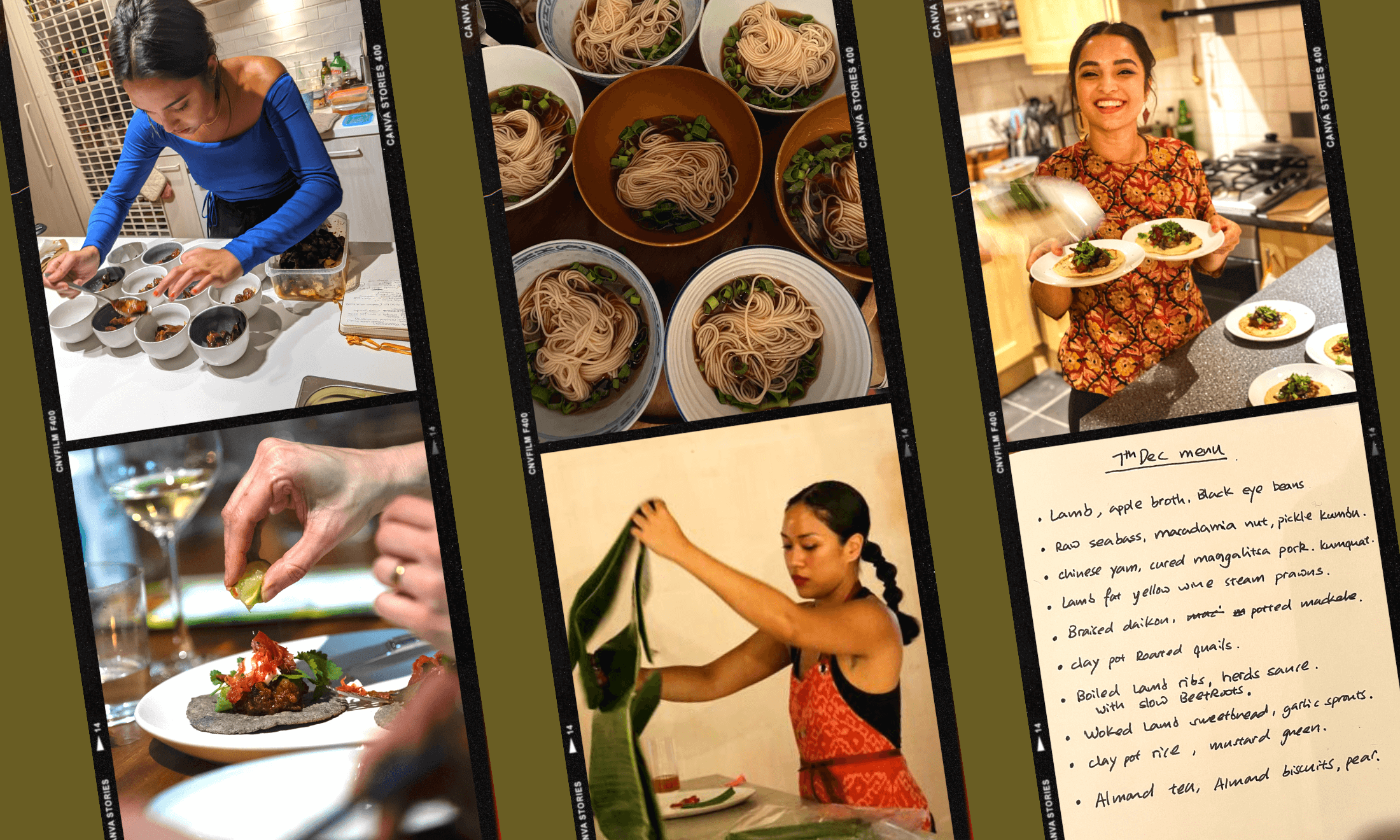 A composite image with two images across three columns. The first column shows a woman in her kitchen preparing food and then a close up of the food. The second column is of bowls of noodles, and another woman preparing in a kitchen. The third column is of a woman preparing food and a handwritten menu