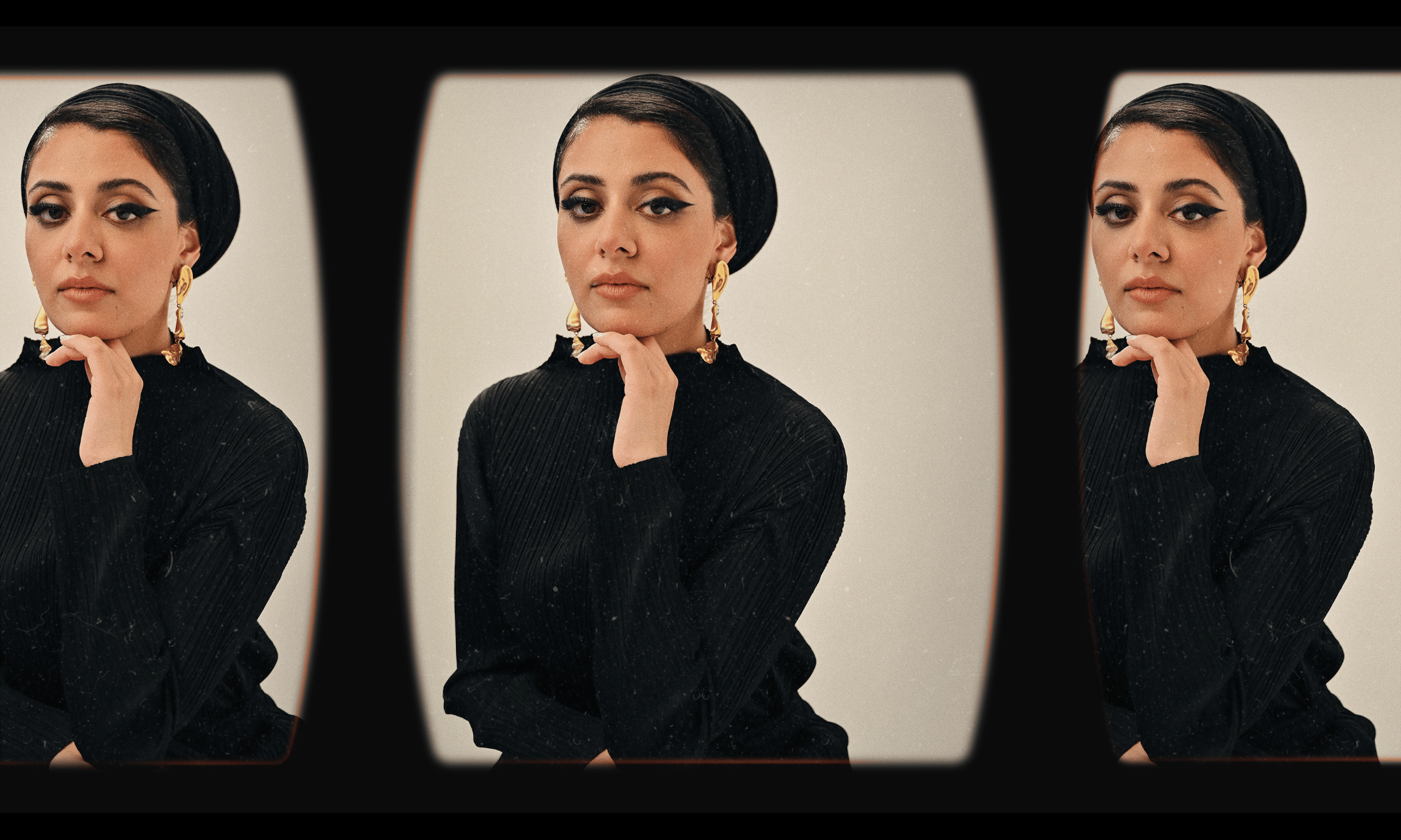 a triptych photograph of sumayya vally, looking into the camera
